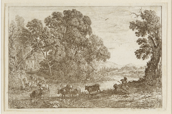 Lithograph of man in field with cows