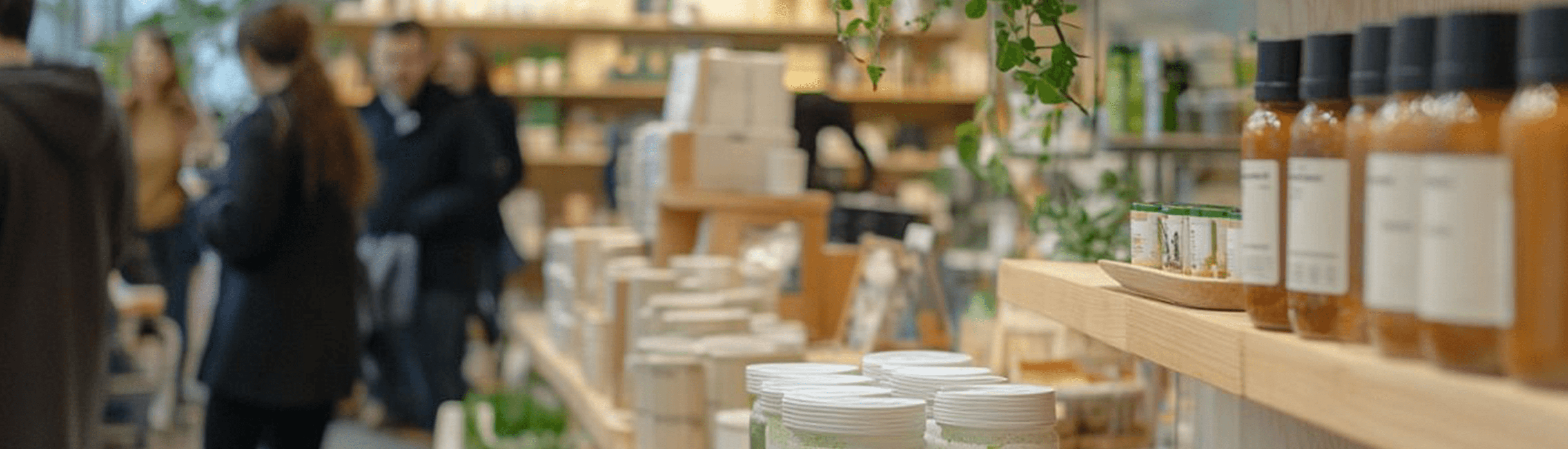  A cozy marketplace featuring neatly arranged shelves stocked with artisanal products, including bottles, jars, and packaged goods. Shoppers in the background browse the selection, creating a warm and inviting holiday shopping atmosphere.