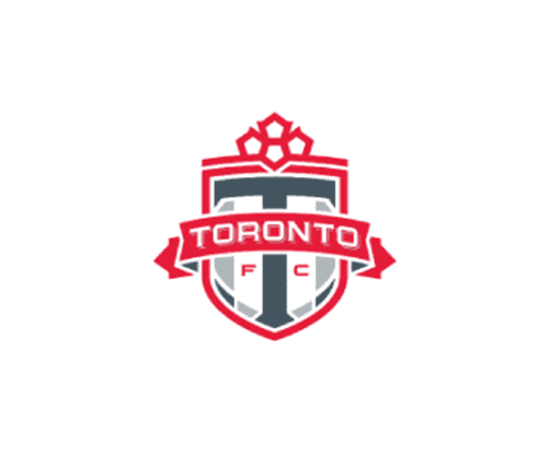 Toronto FC club logo featuring a red and gray shield with a star above the letter 'T' and a ribbon banner with "TORONTO" and "FC" written on it.