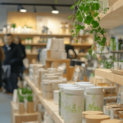  A cozy marketplace featuring neatly arranged shelves stocked with artisanal products, including bottles, jars, and packaged goods. Shoppers in the background browse the selection, creating a warm and inviting holiday shopping atmosphere.