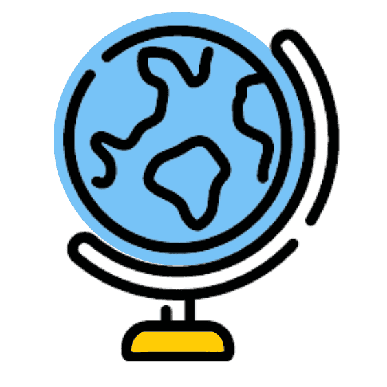 Illustration of a globe on a stand with a blue circular highlight emphasizing the continents