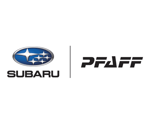 Logos of Subaru and Pfaff side by side separated by a vertical line on a white background, representing a partnership or collaboration.